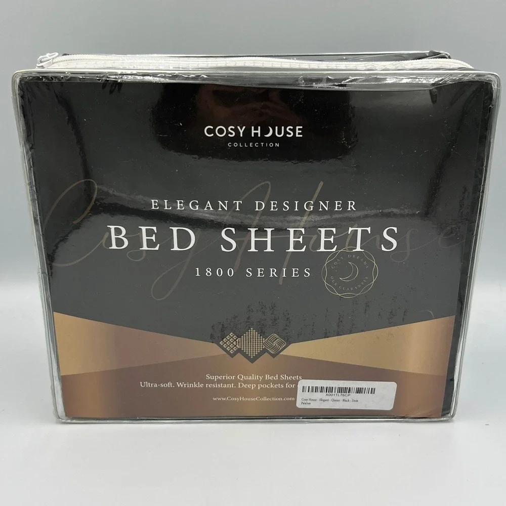 Cosy House Queen Bed Sheets Black Checkered Dots 1800 Series 6pc Set New
